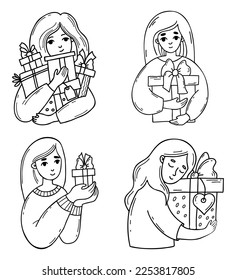 Collection cute women with gifts and holiday boxes. Vector illustration. Isolated outline drawings of doodle. Female character for design of holiday themes, gifts and sales, shopping