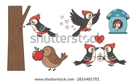 Collection of cute woodpecker illustrations interacting with tree trunks, birdhouses, apples, and sharing coffee in romantic moments.