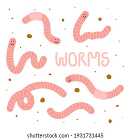 Collection of cute worms with smiling faces a hand-drawn text - Worms. Vector illustration, isolated on white.