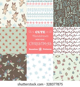 Collection of cute xmas and new year doodle seamless patterns.