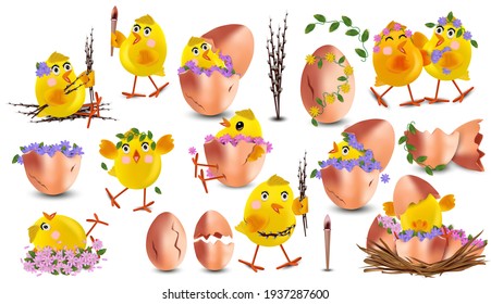 Collection of cute yellow chickens with flower. Funny cartoon chickens for your design. Easter, Spring concept. Chickens in egg with flowers. Vector illustration .