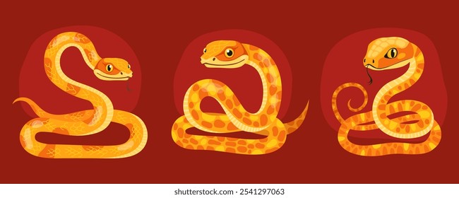 Coleção de cobras amarelas bonitas no fundo vermelho. Réptil, animal, personagem de desenho animado do zodíaco, mascote, símbolo do ano. Cobras em forma de manchas curvas. Ano Novo da Cobra.