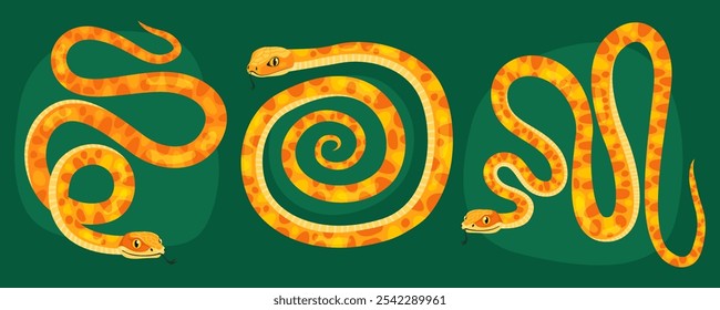 Collection of cute yellow snakes on dark green background. Reptile, animal, zodiac cartoon character, mascot, symbol of the year. New Year of the Snake.