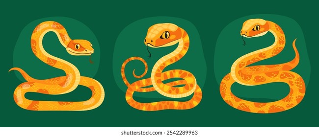 Collection of cute yellow snakes on dark green background. Reptile, animal, zodiac cartoon character, mascot, symbol of the year. New Year of the Snake.