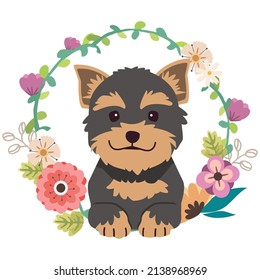 The collection of cute Yorkshire terrier dog with flower wreath in flat vector style. Illustration about pet and animal with plant, floral.