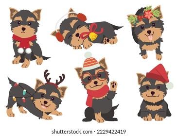 The collection of cute Yorkshire terrier in flat vector style. Graphic resource about dog for graphic, content , banner, sticker label and greeting card.