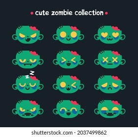 Sammlung süßer Zombie-Gesichter. Handgezeichnete Halloween-süße und kawaii Zombie-Kollektion. С betätigen Zombie-Symbole. Halloween-Emoji-Symbole.