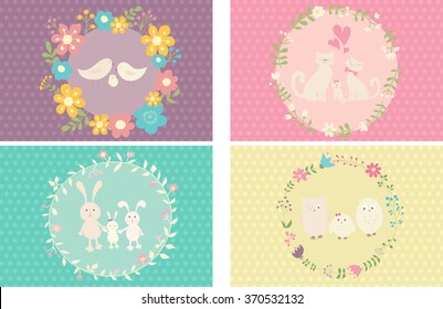 Collection of cutest cards with happy animals families. Parents and baby-girls. Can be used for celebration postcard, baby shower invitation, scrapbooking, posters.