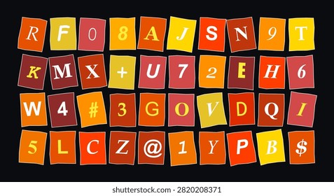 Collection of cutout letters and digits creating playful ransom style composition on black backdrop for creative layouts.