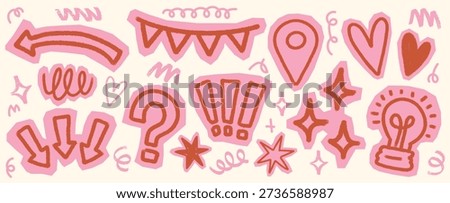 Collection of Cutout Paper Doodles. Pink and red Scrapbook style Arrows, Question Mark, Light bulb, Stars, Hearts and other Collage stickers