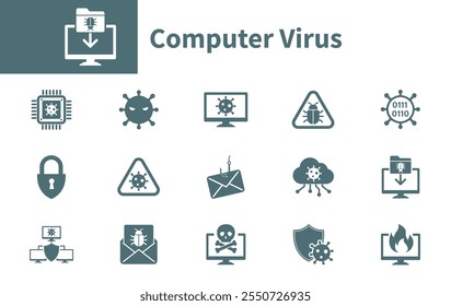 Collection of cyber attack, cyber security, spyware, spam, virus warning icons. Solid vector icon on the topic of computer virus.