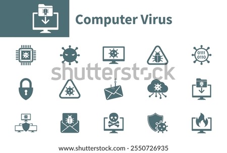 Collection of cyber attack, cyber security, spyware, spam, virus warning icons. Solid vector icon on the topic of computer virus.