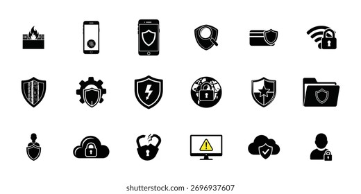 Collection of cybersecurity and data protection icons representing digital security and online safety concepts