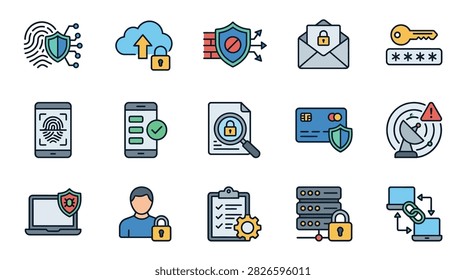 Collection of cybersecurity, data protection, and network safety vector icons, featuring fingerprint recognition, cloud security, encryption, and secure servers.