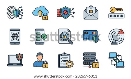 Collection of cybersecurity, data protection, and network safety vector icons, featuring fingerprint recognition, cloud security, encryption, and secure servers.