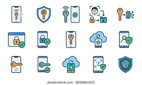 Collection of cybersecurity and data protection vector icons featuring smartphone locks, biometric facial recognition, cloud security, digital keys, and secure network encryption.