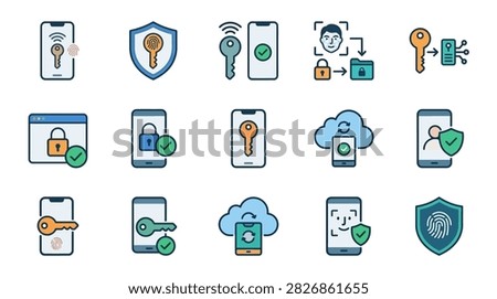 Collection of cybersecurity and data protection vector icons featuring smartphone locks, biometric facial recognition, cloud security, digital keys, and secure network encryption.