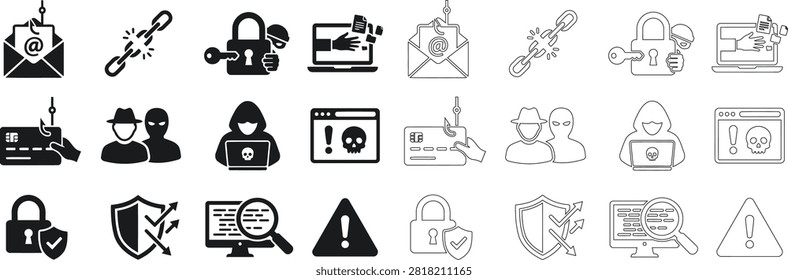 A collection of cybersecurity icons depicting hacking, data protection, and online threats, presented in a black and white silhouette style.