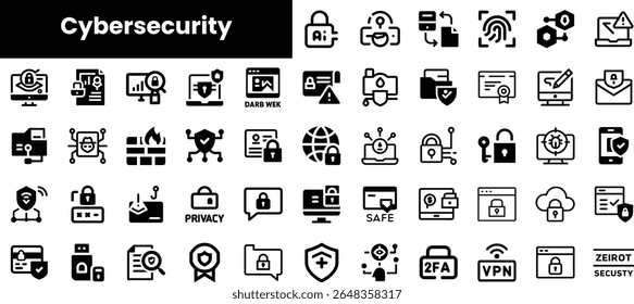 A collection of cybersecurity icons illustrating various aspects like data protection, privacy, and network security in a monochrome style.