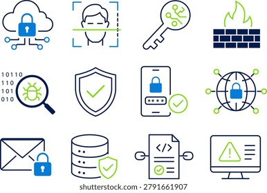 Collection of cybersecurity icons including authentication, encryption, firewall protection, secure access, malware detection, and data security.