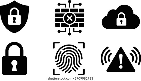 Uma coleção de ícones de segurança cibernética, incluindo um escudo com uma fechadura, um firewall, uma nuvem com uma fechadura, um cadeado, um scanner de impressões digitais e um sinal de aviso.