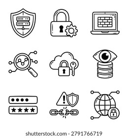 Collection of cybersecurity icons representing digital security concepts like data protection and network safety