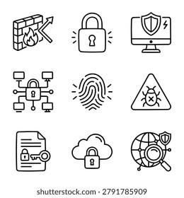 Collection of cybersecurity icons representing digital protection, data security, and network defense concepts