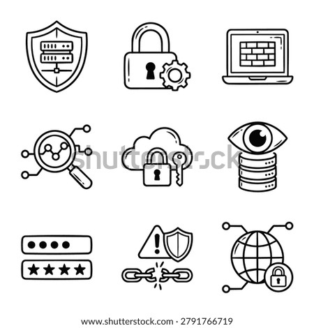 Collection of cybersecurity icons representing digital security concepts like data protection and network safety