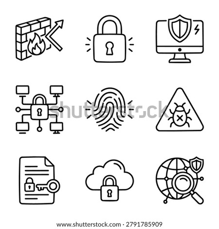 Collection of cybersecurity icons representing digital protection, data security, and network defense concepts