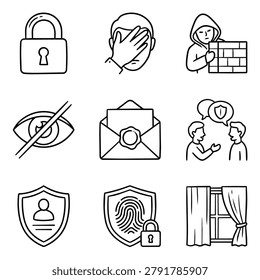 Collection of cybersecurity and privacy protection icons including lock, eye, shield, fingerprint, and person.