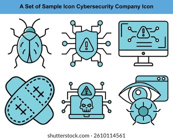 A collection of cybersecurity-related icons illustrating malware, system protection, and digital monitoring. Includes symbols for security breaches, vulnerability patches, and system alerts.