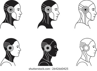 Coleção de perfis Cyborg Humanoid Futuristic Android Designs Vetor Illustration