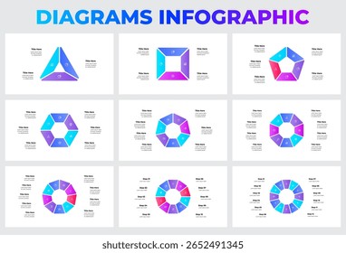 Colección de diagramas de infografía de ciclos divididos en segmentos de 3 a 12 para presentar visualmente negocios, datos y análisis con Elementos de diseño creativos. Ideal para informes profesionales