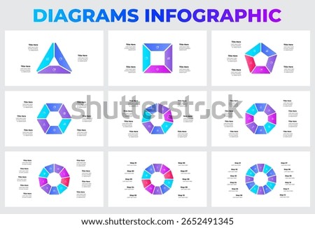 Collection of cycle infographic diagrams divided into segments from 3 to 12 for visually presenting business, data, and analysis with creative design elements. Ideal for professional reports