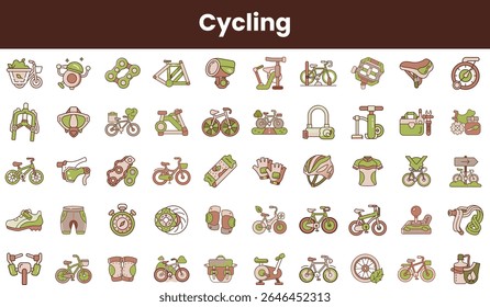 A collection of cycling-related icons in a playful, modern design, featuring bicycles, gear, accessories, and safety equipment, showcasing a vibrant green and brown color palette.