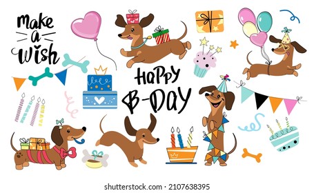 Collection of dachshund dogs and birthday items. Vector cartoon illustration