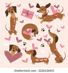 Collection of dachshund dogs with hearts for Valentines day. Vector cartoon doodle illustration