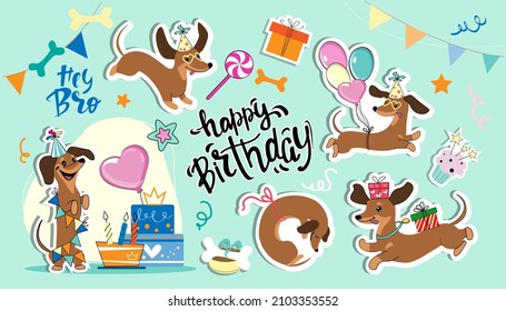 Collection of dachshund dogs stickers and birthday items. Vector cartoon illustration