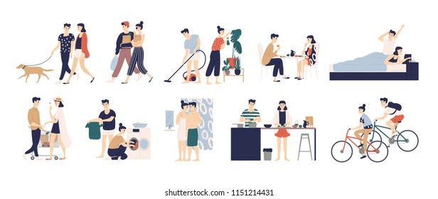 Collection Of Daily Life Or Everyday Routine Scenes Of Young Romantic Couple. Pair Of Boy And Girl Walking Dog, Cleaning Up House, Cooking Food, Washing Clothes, Buying Food. Flat Vector Illustration.