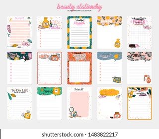 Collection of daily planner, note paper, to do list, stickers templates decorated by cute beauty cosmetic illustrations and trendy lettering. Trendy scheduler or organizer. Flat vector