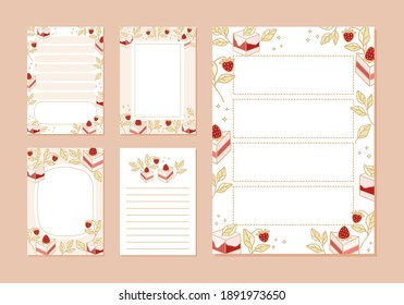 Collection of daily or weekly planner, note paper, to do list, wish list, school schedule, organizer templates decorated with cute strawberry, pastry, cake, and botanical leaf illustrations