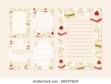 Colección de planificadores diarios o semanales, papel de notas, lista de tareas, lista de deseos, horario escolar, plantillas de organizadores adorables con fresa, pastelería, tarta e ilustraciones de hojas botánicas