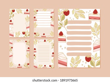 Collection of daily or weekly planner, note paper, to do list, wish list, school schedule, organizer templates decorated with cute strawberry, pastry, cake, and botanical leaf illustrations