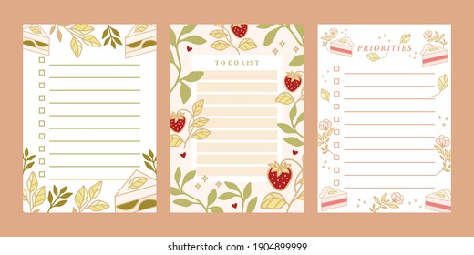Collection of daily weekly planner, notepad, memo, school organizer, printable scheduler with cute cake, pastry, and bakery illustration elements. Flat vector template set