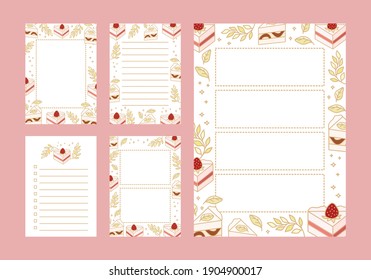 Collection of daily weekly planner, notepad, memo, school organizer, printable scheduler with cute cake, pastry, and bakery illustration elements. Flat vector template set