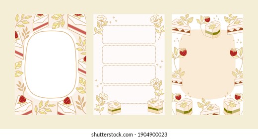Collection of daily weekly planner, notepad, memo, school organizer, printable scheduler with cute cake, pastry, and bakery illustration elements. Flat vector template set