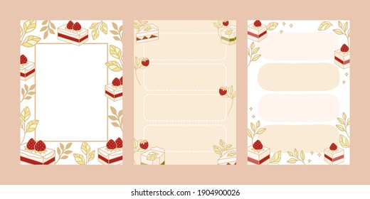 Collection of daily weekly planner, notepad, memo, school organizer, printable scheduler with cute cake, pastry, and bakery illustration elements. Flat vector template set