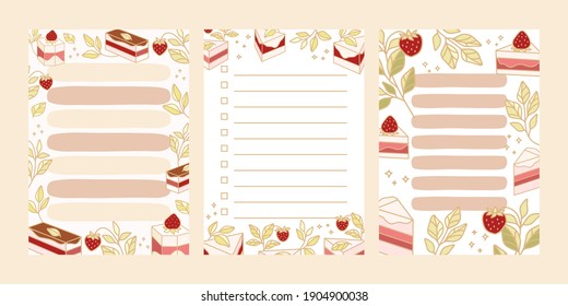 Collection of daily weekly planner, notepad, memo, school organizer, printable scheduler with cute cake, pastry, and bakery illustration elements. Flat vector template set