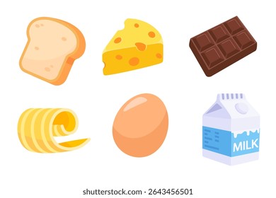 Collection of dairy and bakery ingredients featuring cheese, chocolate, bread, butter, egg, and milk, ideal for culinary and food-related themes.