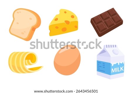 Collection of dairy and bakery ingredients featuring cheese, chocolate, bread, butter, egg, and milk, ideal for culinary and food-related themes.